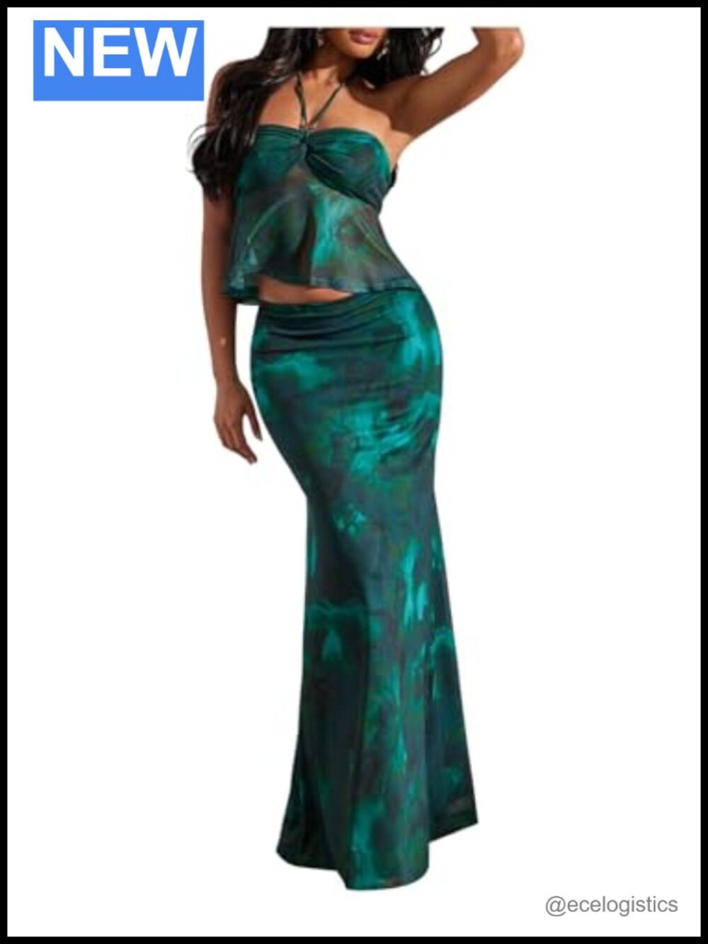 2 Piece Floral Halter Peplum Top & Maxi Mesh Skirt Set Summer Vacation Outfit